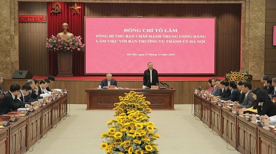 Tổng Bí thư Tô Lâm làm việc với Ban Thường vụ Thành ủy Hà Nội: Quan tâm tạo mọi điều kiện để Hà Nội luôn "gương mẫu, đi đầu"
